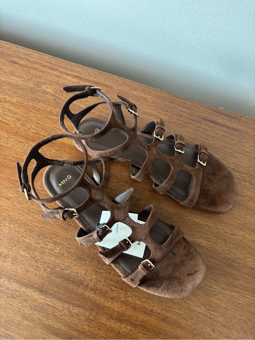 NWT MANGO Brown Suede Multi-Strap Buckle Sandals - Picture 4 of 7